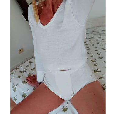 Vintage Cotton Boxer Boy Shorts |  Off-White Cotton Rib Knit High Waisted Shorts | Leisure Shorts | Small 