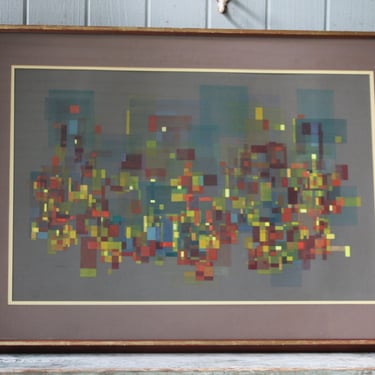 Vintage Mid Century Modern Geometric Abstract Watercolor Painting and Pencil, Signed M Pride 