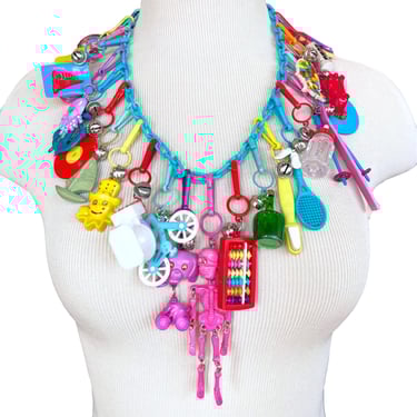 Vintage 1980's Plastic Bell Charm Necklace, Clip-on Charms, Retro Colorful Plastic Charm Necklace, Complete Charm Necklace with 23 Charms 