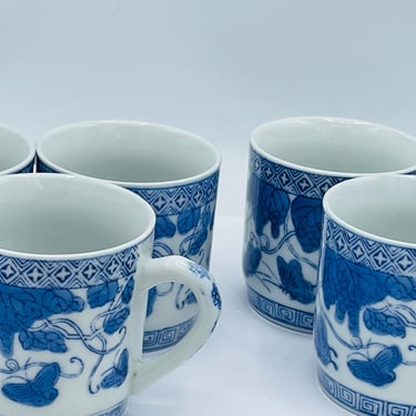 Set of five William Sonoma Grande Cuisine IDC Coffee/tea Cup Blue/white- Chip Free Asian Butterfly design 