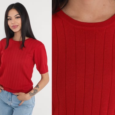 Red Sweater Top 90s Ribbed Knit Shirt Wool Blend Short Sleeve Sweater Basic Plain Retro Minimalist Simple Solid Blouse Vintage 1990s Small S 