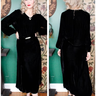 1930s Black Silk Velvet Gown with Deco Belt and dress Clip - Large 