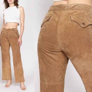 Medium 90s Tan Suede Western Trousers | Vintage Mid Rise Bootcut Leather Pants 