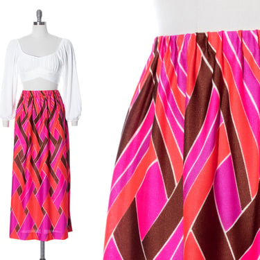 Vintage 1970s Maxi Skirt | 70s JANTZEN Psychedelic Geometric Printed High Waisted Full Length Pink Purple Skirt (small/medium/large) 
