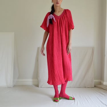 hot pink crinkle pleat smock dress with crochet neckline 