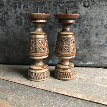 Turned Wood Candlesticks, Miniature, Carved Design, Rustic Wood Candle Holders, Pair, Set of 2 