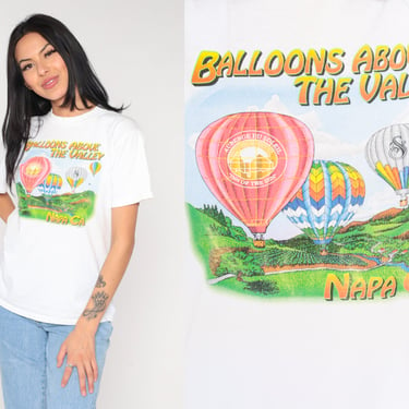Hot Air Balloon T Shirt 90s Napa California Tee Balloons Above the Valley White Graphic Tshirt Tour Agency 1990s Vintage Small Medium 