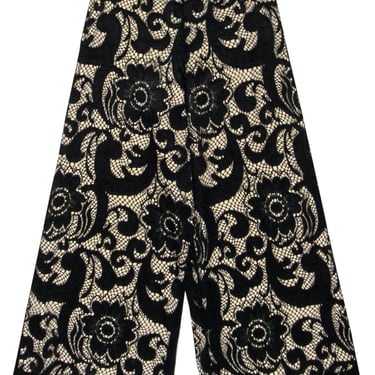 Alice & Olivia - Black Floral Lace Wide Leg Trousers w/ Nude Underlay Sz 6