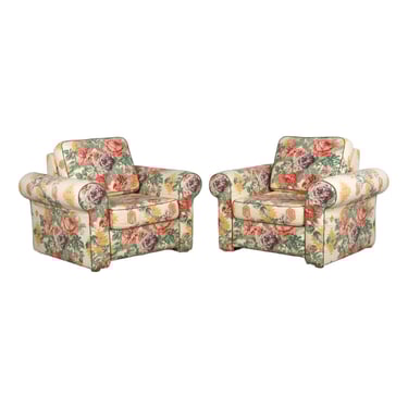 1980s French Club Chairs W/ Floral Fabric - A Pair 