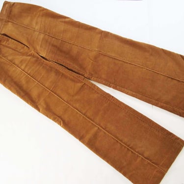 Vintage 1970s Caramel Brown Womens Corduroy Wide Leg Pants 28 - High Waist Fine Wale Bell Bottom Cord Trousers 