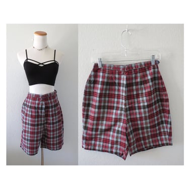 Vintage 60s Shorts - Plaid High Waisted Short - 1960s Knee Length Shorts - Size Small 