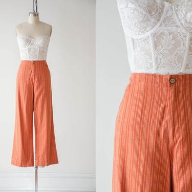 high waisted pants | 90s y2k vintage bright orange white striped linen wide leg trousers 