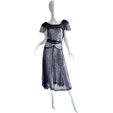 1930s Vintage Lace Dress / Pristine Flutter Bias Belted Dress / 30s Party Gown Medium 