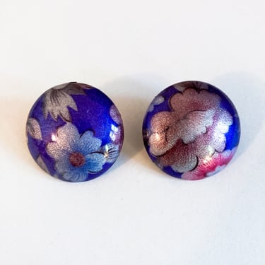 80s Large Round Purple Pink Floral Pierced Earrings 
