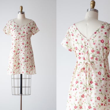 floral mini dress | 90s y2k vintage white cream pink short sleeve loose oversized short dress 