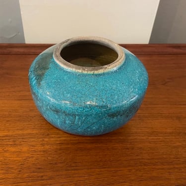 Vintage Turquoise Glazed Pottery Vase signed on bottom
