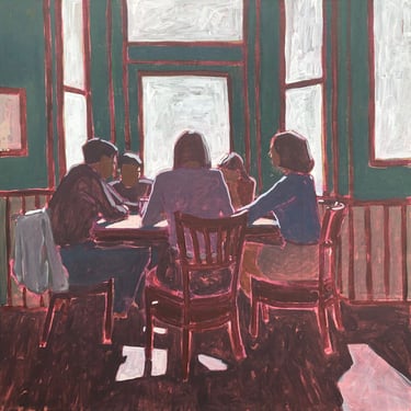 Family #23 - Original Acrylic Painting on Canvas 30 x 30, large, people, cafe, michael van, interior, fine art, architecture. square 