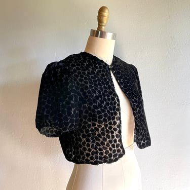 Vintage 1930s Cut Silk Velvet Bolero Style Jacket cover-up with Puff Sleeves. 