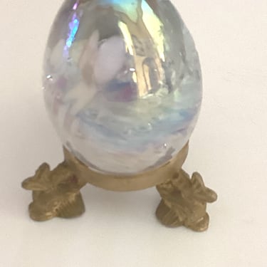 Vintage Art Glass Egg Paperweight  White Speckled Iridescent  with brass fish stand 