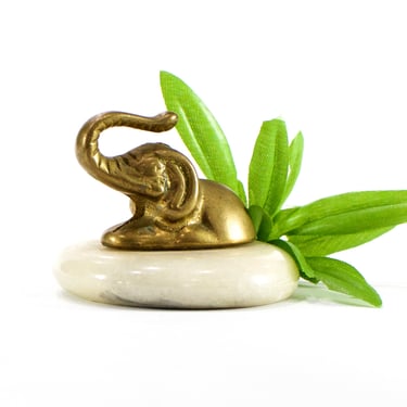 VINTAGE: Small Brass Elephant on Stone Paperweight - Brass Figurine - Brass Animal- Gift Idea - SKU 14-D1-00011490 