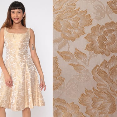 60s Brocade Dress Formal Metallic Floral Party Dress 1960s Champagne Midi Dress Cocktail Formal Fit and Flare Vintage Sleeveless Small 