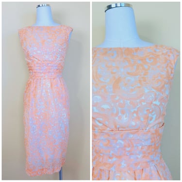 1960s Vintage Orange Cotton Floral Wiggle Dress / 60s Pastel Ruched Waist Pencil Tank Dress/ Size Small 
