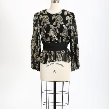 Vintage 80s black metallic gold floral lurex peplum blouse 