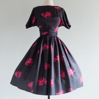 Gorgeous 1950's Dark Floral Print Dress By J. Harlan / Medium