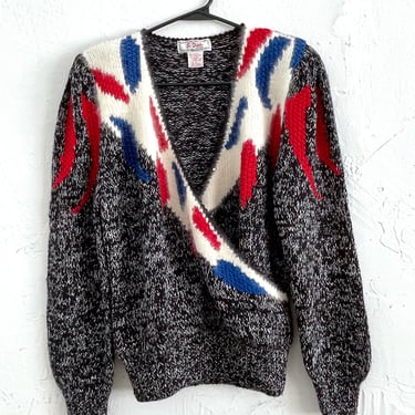 Vintage 80s Red White and Blue Detail Deep-V Sweater 