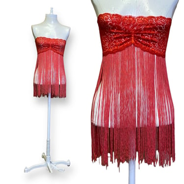 Vintage Red Lace Lingerie Top with Fringe Strapless Bustier One size 