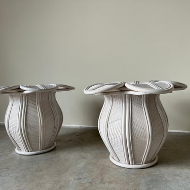 Gabriella Crespi Style Sculptural Flower Shape Pencil Reed Rattan Side Tables - a Pair 