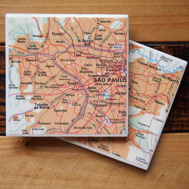 1992 Sao Paulo Brazil Map Coasters Set of 2. Vintage Map. Sao Paulo Coasters. Brazil Gift. Brazilian Décor. South America Map. Gift Travel. 