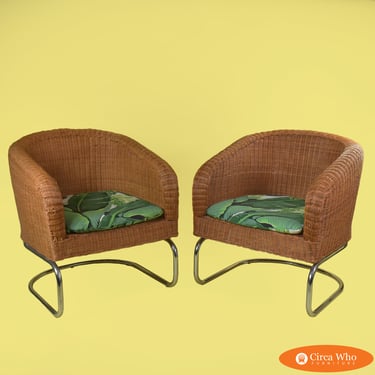 Pair of Woven Rattan and Chrome Barrel Chairs