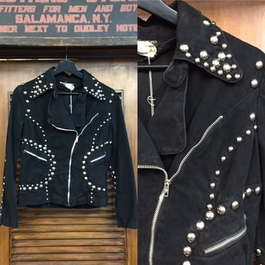 Vintage 1960’s Black Studded Roncelli Denim Glam Rock Jacket, Biker Inspired, Fitted Jacket, Black Denim, Vintage Clothing 