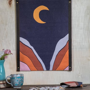 Handprinted Canvas Banner | Collaboration with Camp Blue | Handmade in Asheville | Moon Tapestry | Wall Decor 