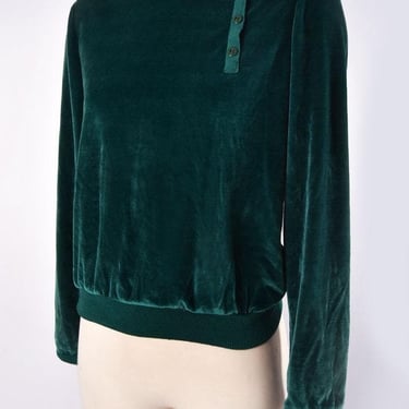 70's Green Velour Shirt 1980's, 1970's Emerald Velvet Sweatshirt Sweater, Long Sleeves, Disco Blouse Top Pullover Mod 