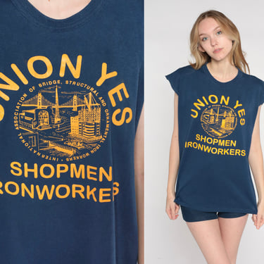 Ironworkers Union Shirt 80s Navy Blue Muscle Tee Shopmen Labor Union Graphic TShirt Cutoff Cap Sleeve Retro Hipster Vintage 1980s Mens Large 
