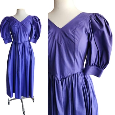Vintage 80s Laura Ashley Dress Purple Cotton Puffed Sleeves 