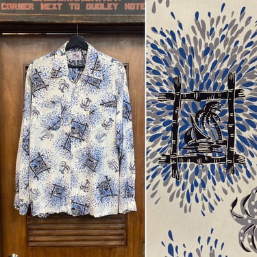 Vintage 1950’s Size L “Duke Kahanamoku” Atomic Palm Tree Long Sleeve Rayon Hawaiian Shirt, 50’s Loop Collar Shirt, Vintage Clothing 