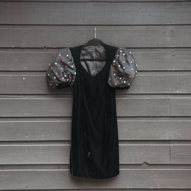 80s Couture Black Velvet Rainbow Polka Dot Puff Sleeve Mini Dress 