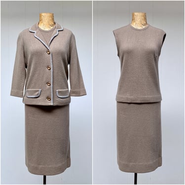 Vintage 1960s 3 Piece Knit Ensemble, Taupe and Gray Lambswool/Mohair Jacket, Top and Skirt Suit by Glasgo Ltd, Medium 