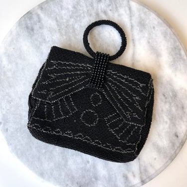 Antique Czech Art Deco Black Beaded Handbag 
