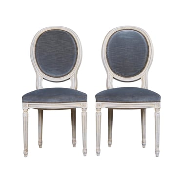 DELIVERY CHARGE Antique French Louis XVI Style Painted Side Chairs W/ Blue Velvet - A Pair 