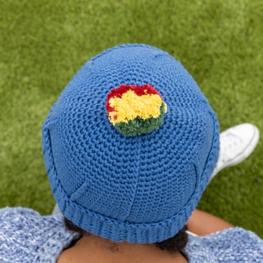 The Fisherman Hat in Blue/Crochet Watchman Hat/Wool Cotton Blend Beanie with Red, Gold & Green Pom Pom/Blue Wool Blend Hat with Puff Ball 