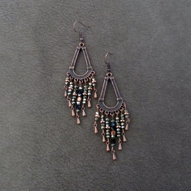Chandelier earrings, teal crystal and copper gypsy earrings, boho earrings, long ethnic tribal earrings, bohemian unique princess Bollywood 