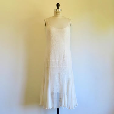 1920's Style Ivory Cream Silk Chiffon Drop Waist Dress Lace Slip Flapper Art Deco Style Great Gatsby 20's  Bridal Wedding Teri Jon Size 12 