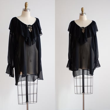 sheer black shirt 80s 90s vintage ruffled collar whimsigoth oversized poet's blouse tunic 