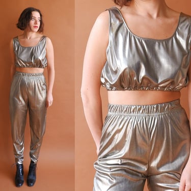 Vintage 80s Silver Two Piece Set/ 1980s Metallic Crop Top and Pants/ Studio 54 Disco/ Size Small 