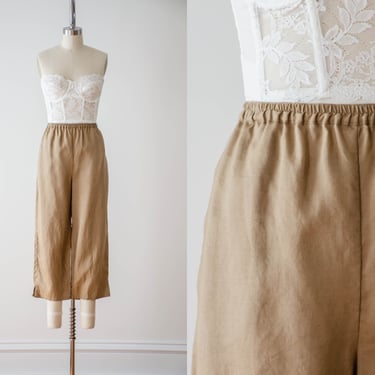 wide leg linen pants | 90s y2k vintage brown elastic waist loose baggy cropped pants 