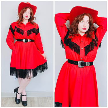 1990s Vintage Western Collection Red Velvet Trim Western Dress / 90s / Black Fringe Belted Mini Rodeo Dress / Medium - Large 